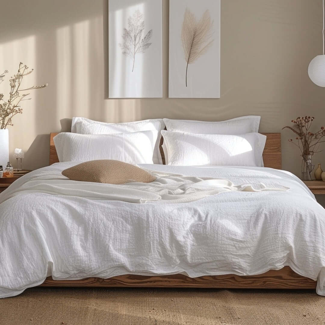 Sustainable wool comforter on bed with organic cotton cover in serene, minimalist bedroom