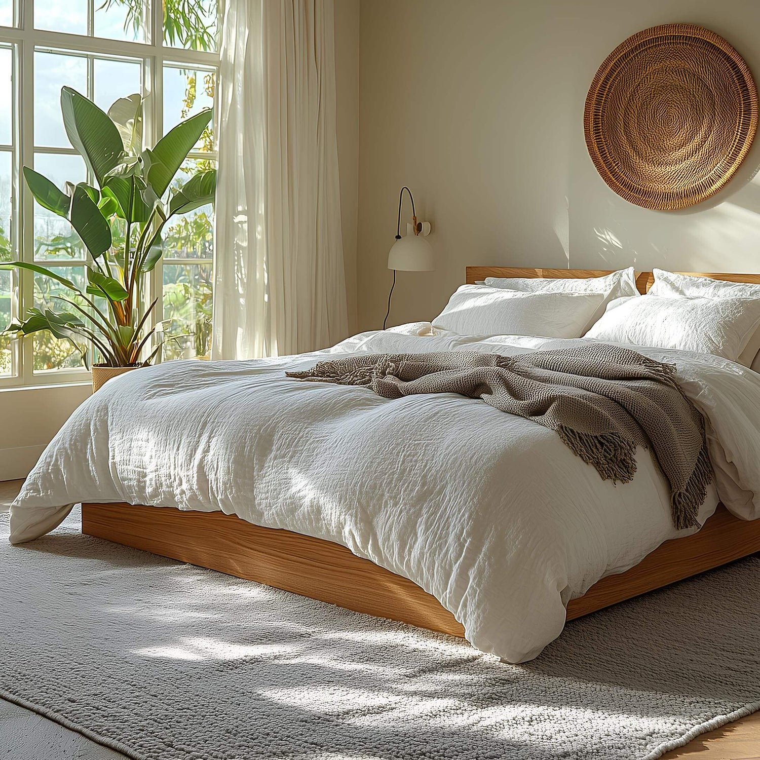 Sustainable wool comforter on bed with organic cotton cover in serene, minimalist bedroom