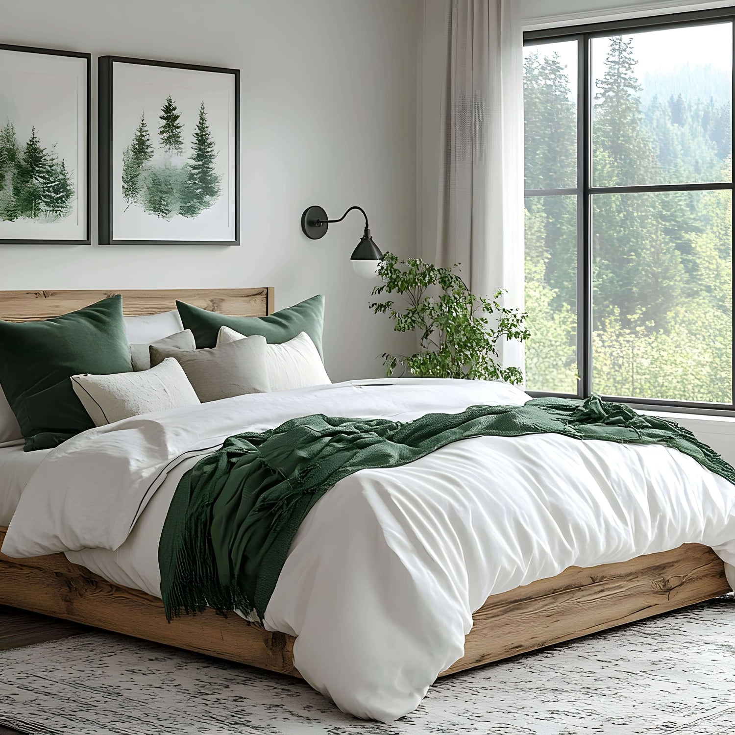 Modern bedroom with organic wool comforter in white, styled with green accents — sustainable bedding from Antipodean Home.