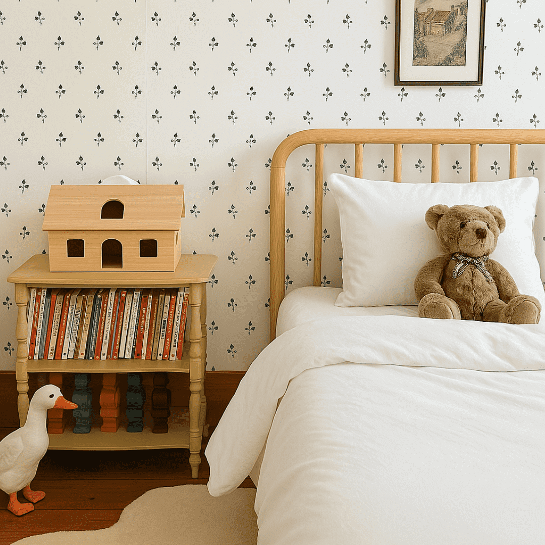 Kids’ bedroom with organic sateen cotton bedding set in white — soft, breathable, sustainable comforter cover from Antipodean Home.
