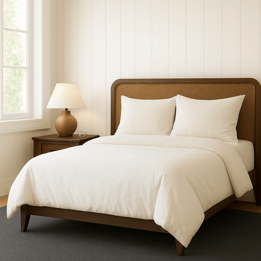 Organic wool comforter neatly styled on a bed — breathable, naturally cool, and made in New Zealand.