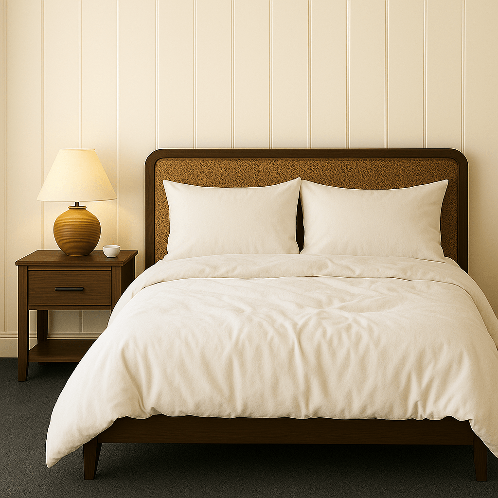Luxury regenerative wool comforter folded on bed — temperature regulating, natural loft, chemical-free.