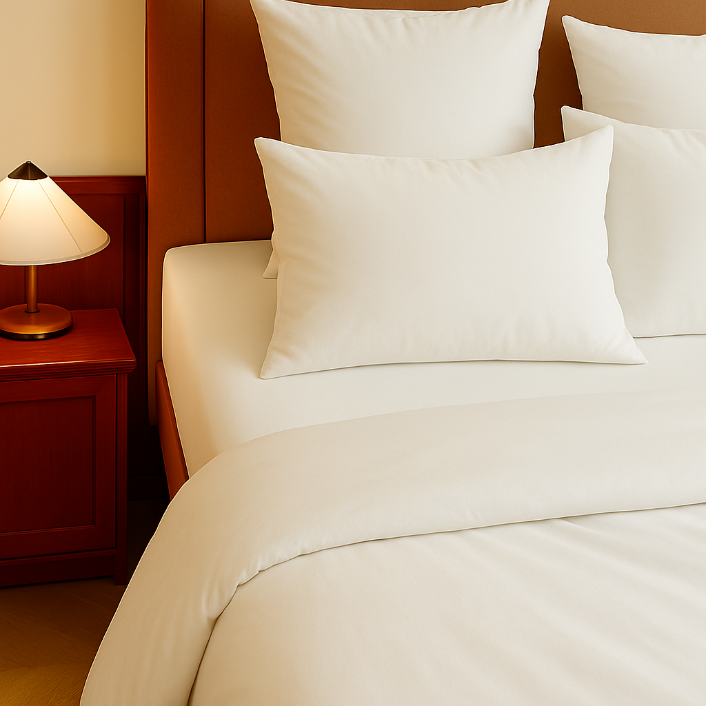 Neatly made bed with white pillows and organic wool bedding next to a wooden nightstand with a lamp.