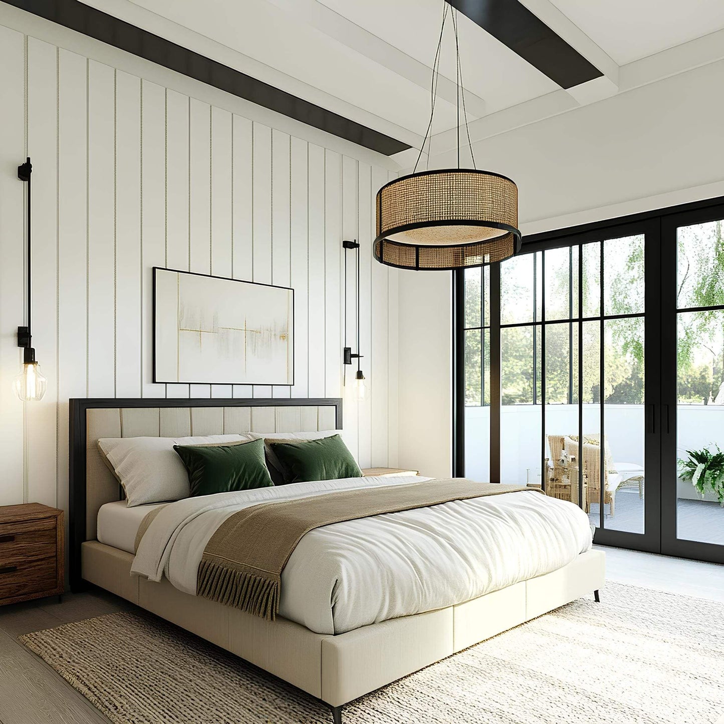Sustainable wool comforter on bed with organic cotton cover in serene, minimalist bedroom