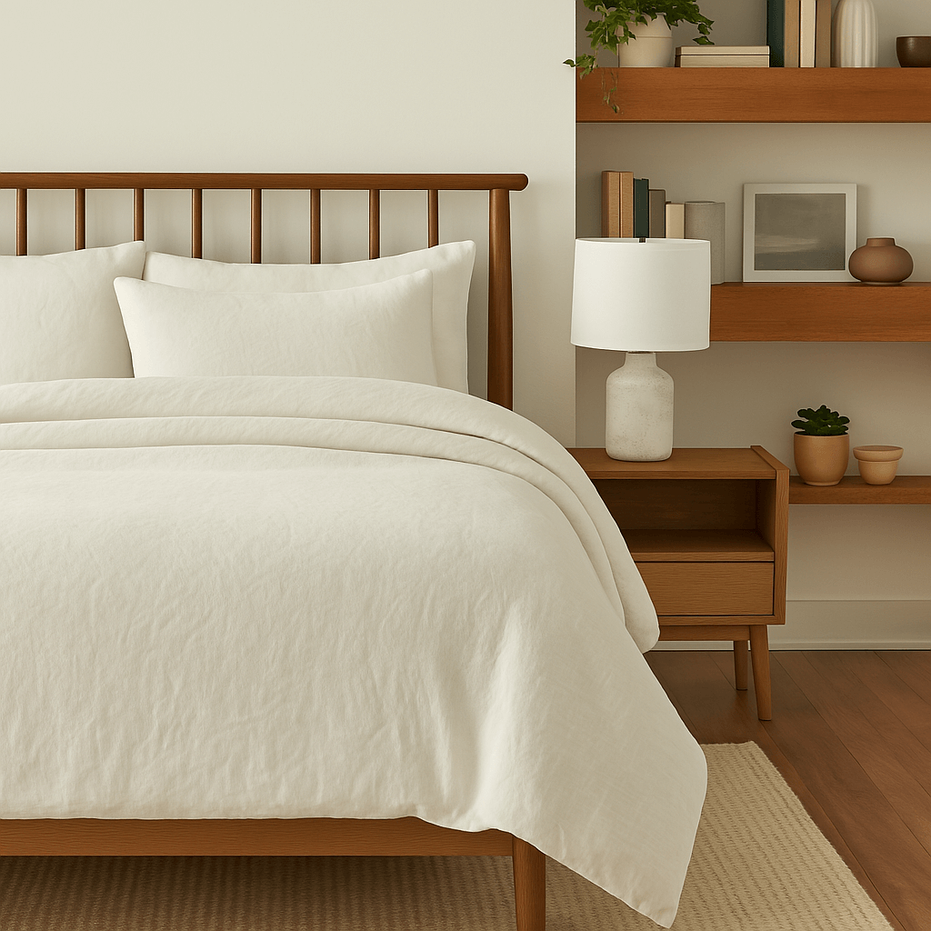 Sustainable wool comforter on bed with organic cotton cover in serene, minimalist bedroom
