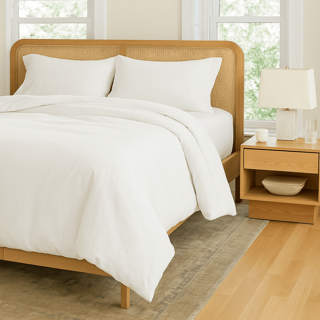 Sustainable wool comforter on bed with organic cotton cover in serene, minimalist bedroom
