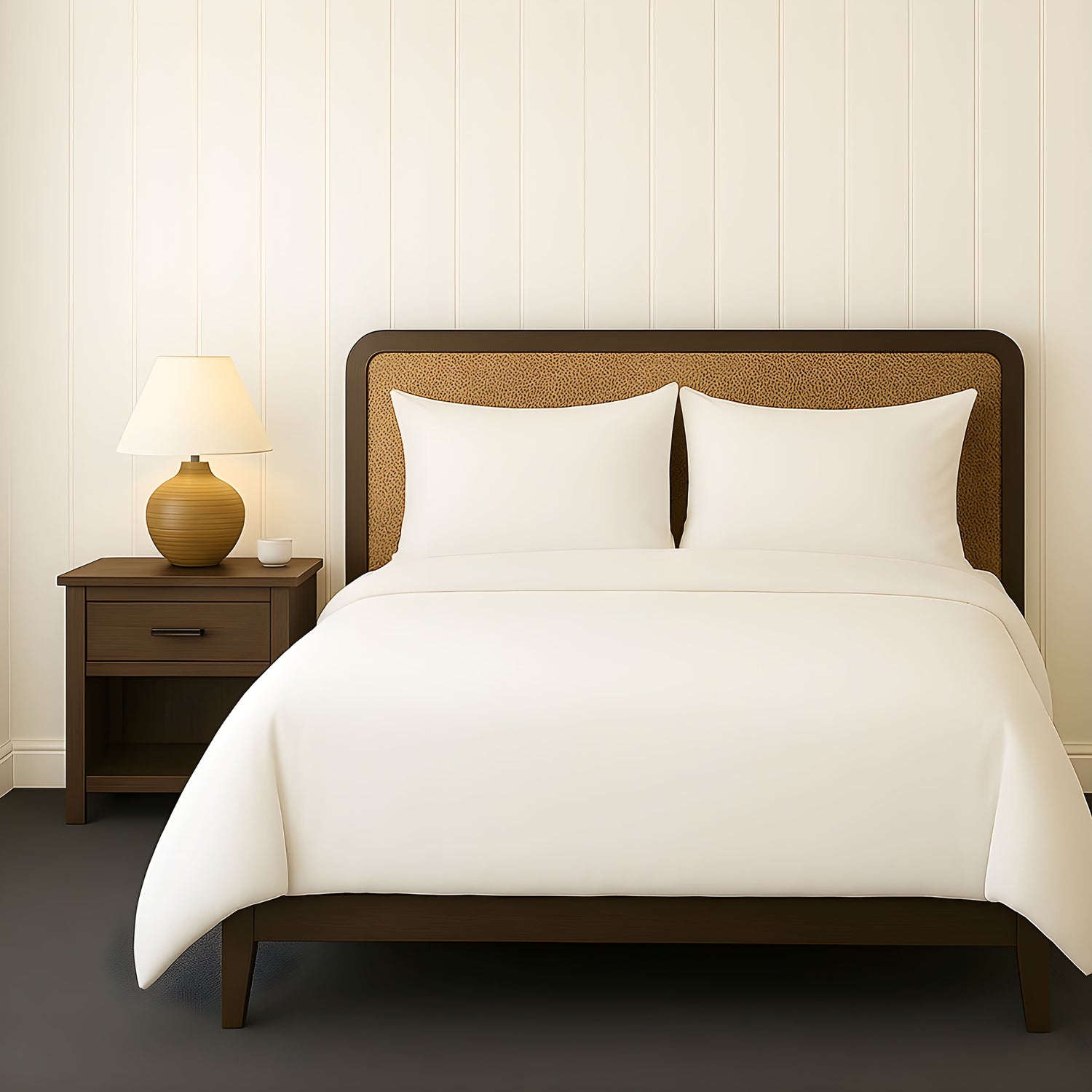 Organic wool duvet set on wooden bed with white bedding and bedside lamp — easy-care, odor-resistant, and designed for long-lasting freshness.