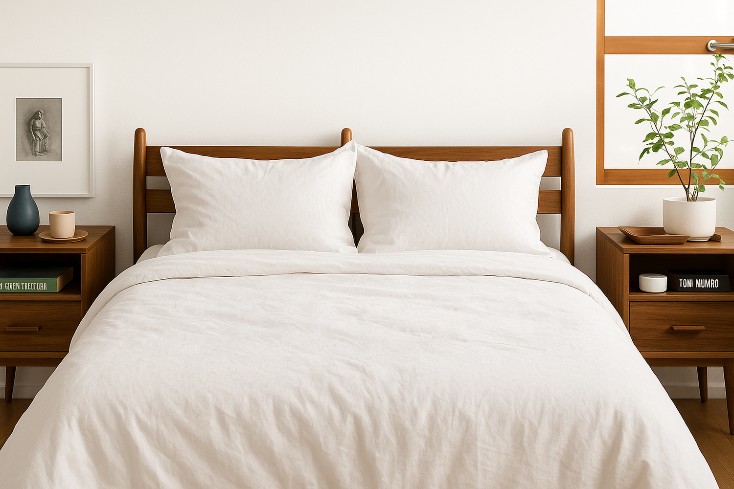 Bedroom with a wooden bed frame, white organic wool bedding, and wooden nightstands.