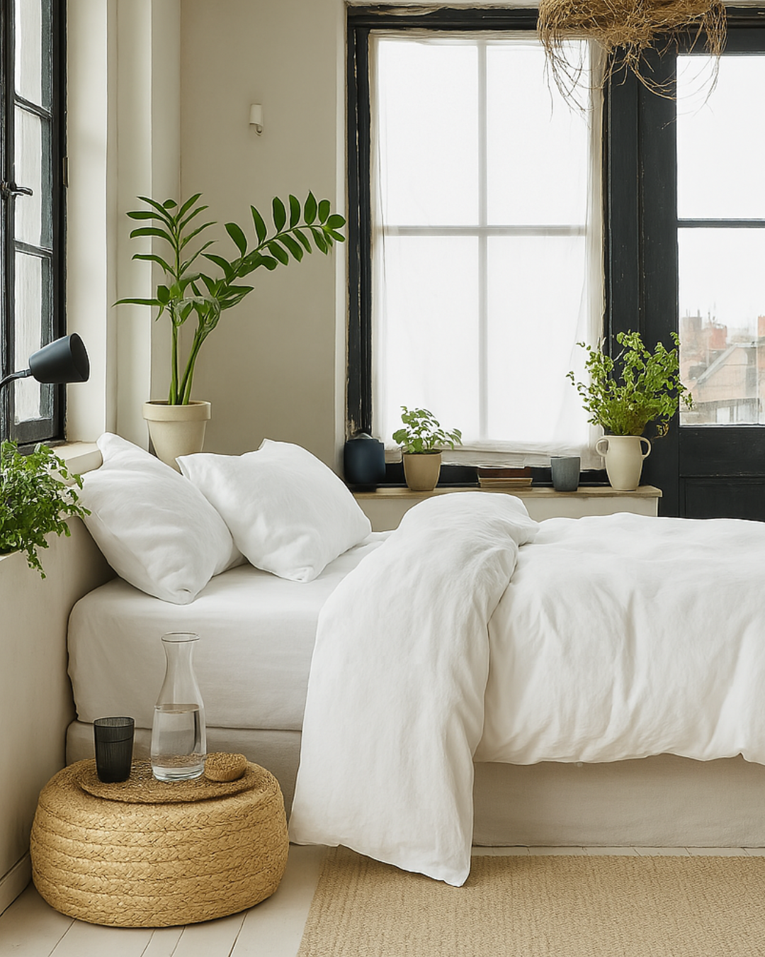 Organic wool comforter and duvet insert styled on a modern bed with white bedding, featuring a sustainable New Zealand merino wool fill for temperature regulation