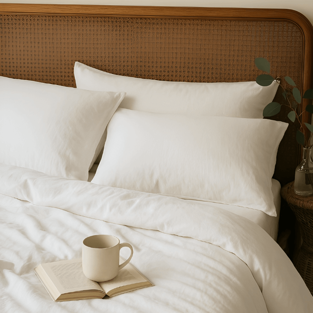 Sustainable wool comforter on bed with organic cotton cover in serene, minimalist bedroom