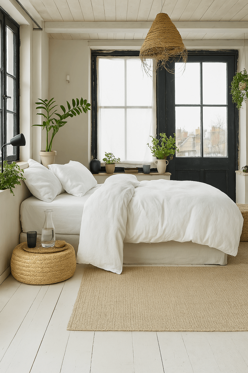 Sustainable wool comforter on bed with organic cotton cover in serene, minimalist bedroom