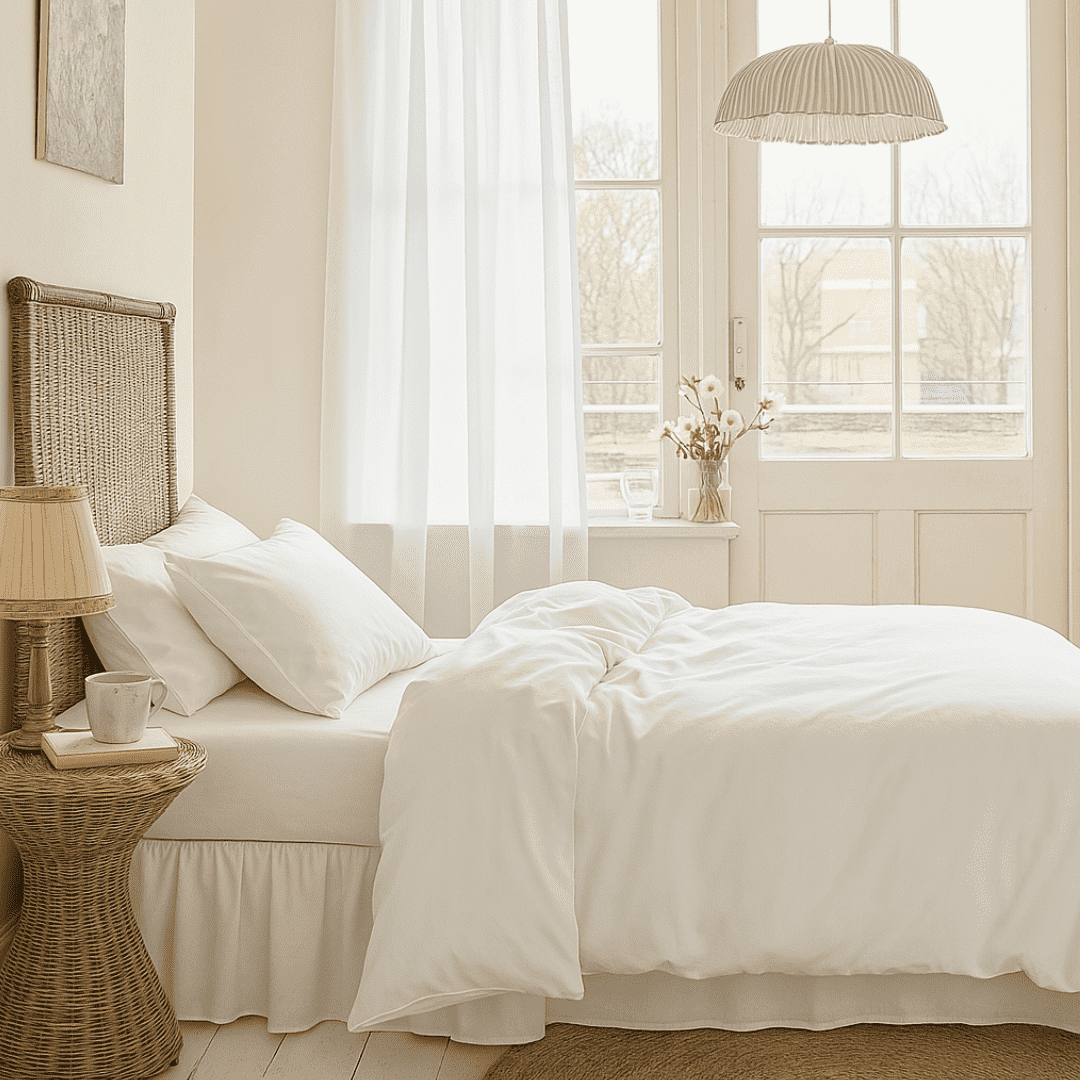 Sustainable wool comforter on bed with organic cotton cover in serene, minimalist bedroom