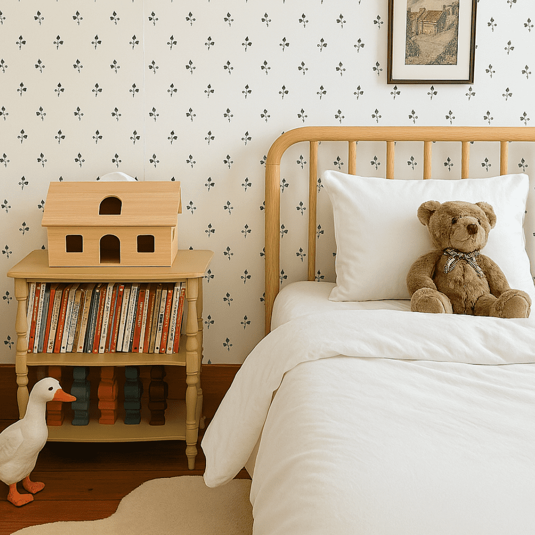 Organic wool duvet set on a wooden bed with a teddy bear and bookshelf — hand-tufted, lightweight, and crafted for naturally better sleep.