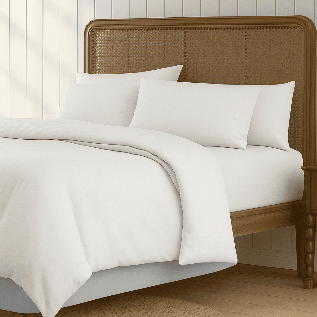 Organic wool comforter shown in a bright bedroom, lightweight and hypoallergenic bedding.