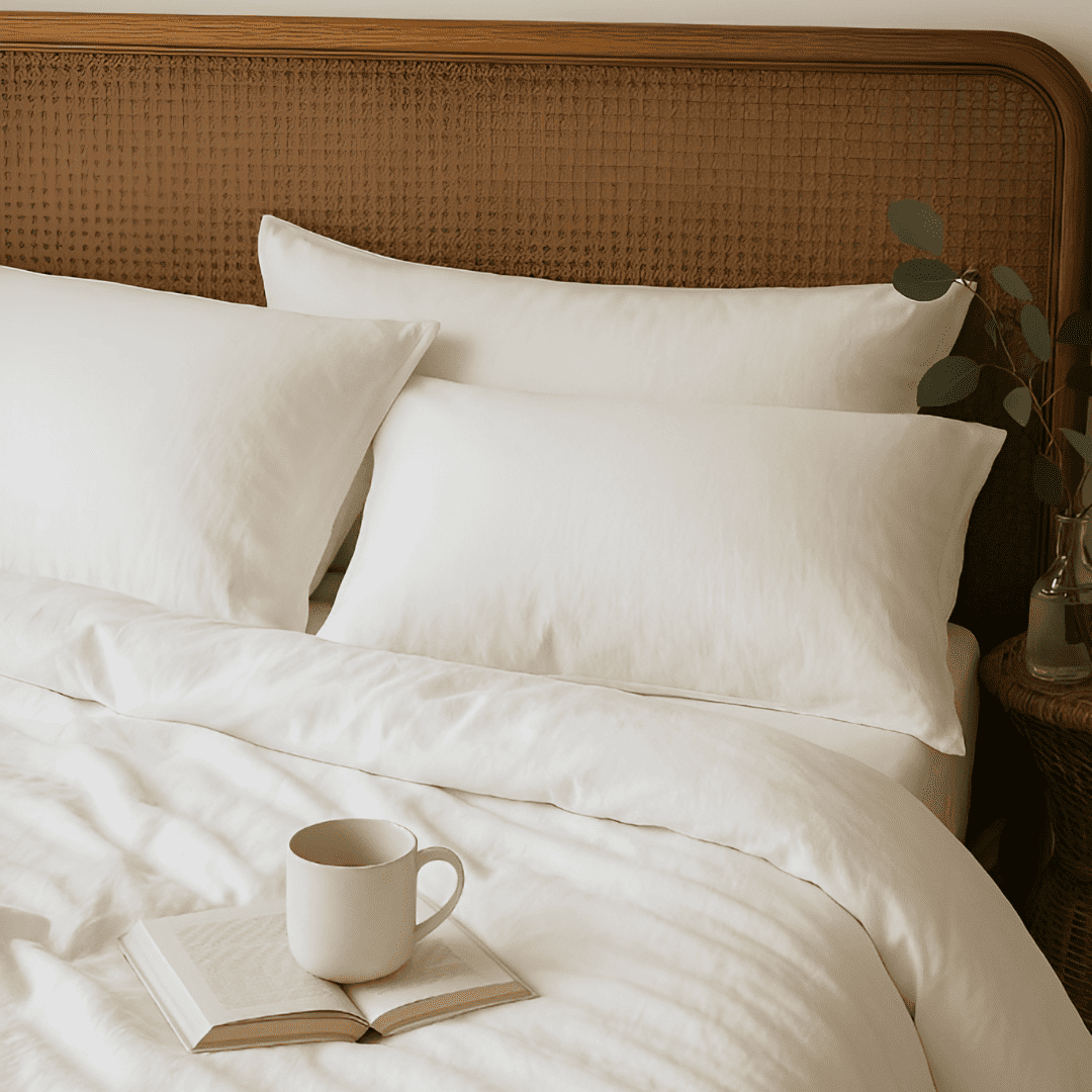 Allergy-friendly comforters and sheets for sensitive, restful sleep. All-season wool comforter displayed in modern bedroom, cool for summer, warm for winter. Made regeneratively in New Zealand